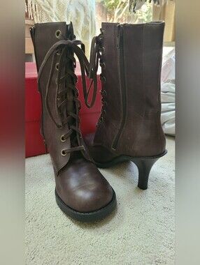 New Women's Brown Lace-Up Mid-Calf Heeled Boots 7.5